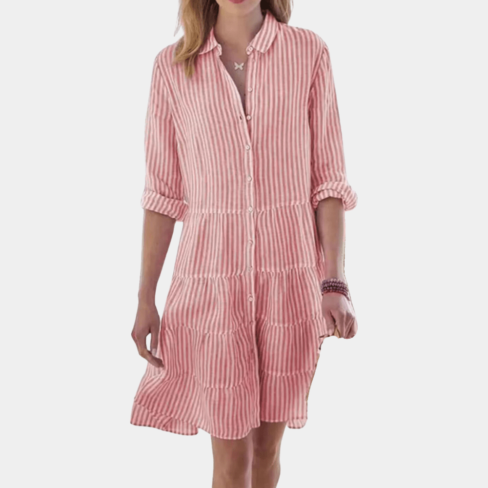 Vestido camisero mini a rayas con volantes escalonados