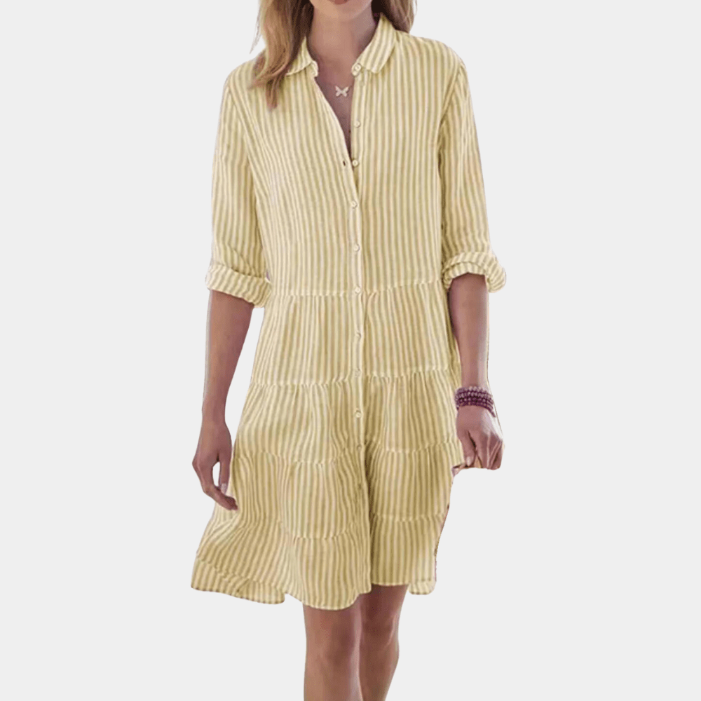 Vestido camisero mini a rayas con volantes escalonados
