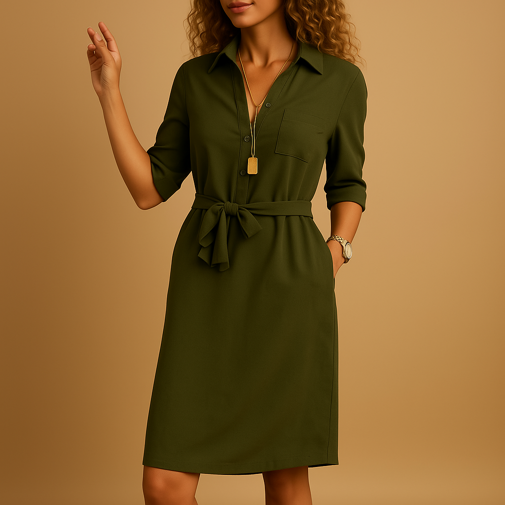 Vestido camisero mini con manga 3/4, escote en V y cinturón