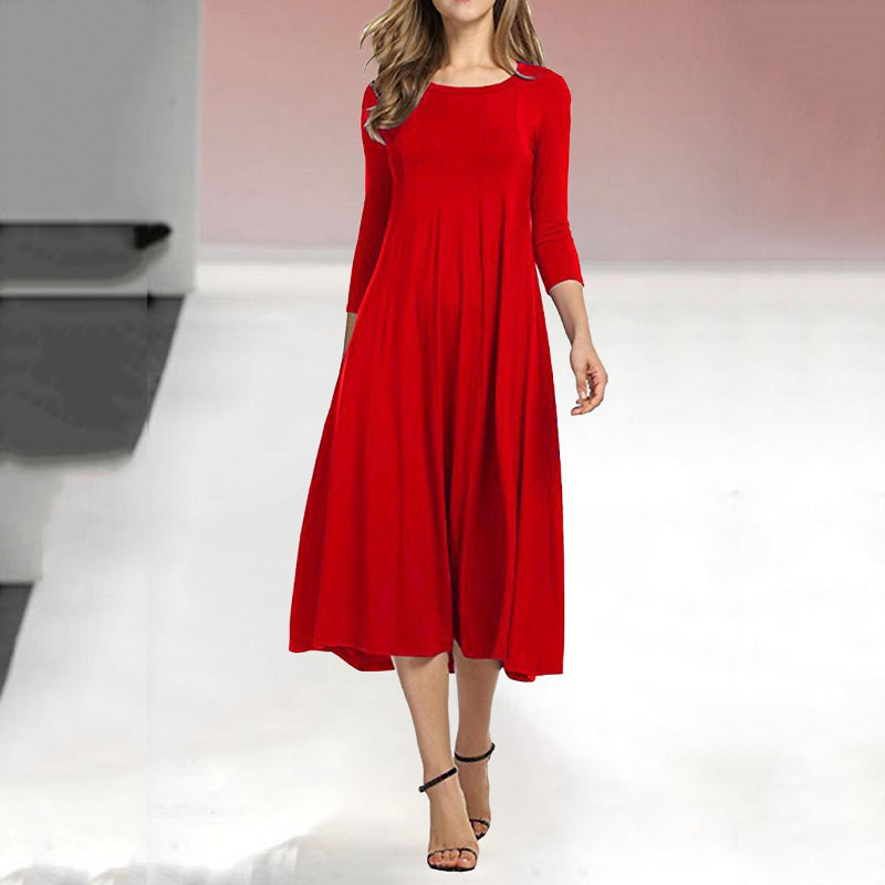 Vestido casual acampanado monocolor con manga tres cuartos para mujer
