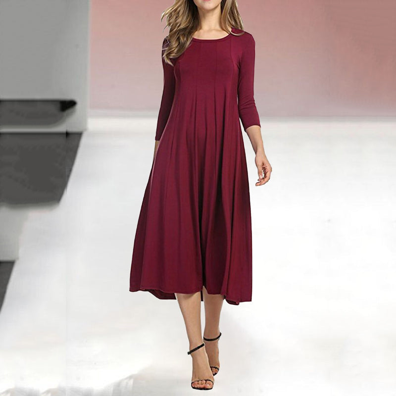 Vestido casual acampanado monocolor con manga tres cuartos para mujer
