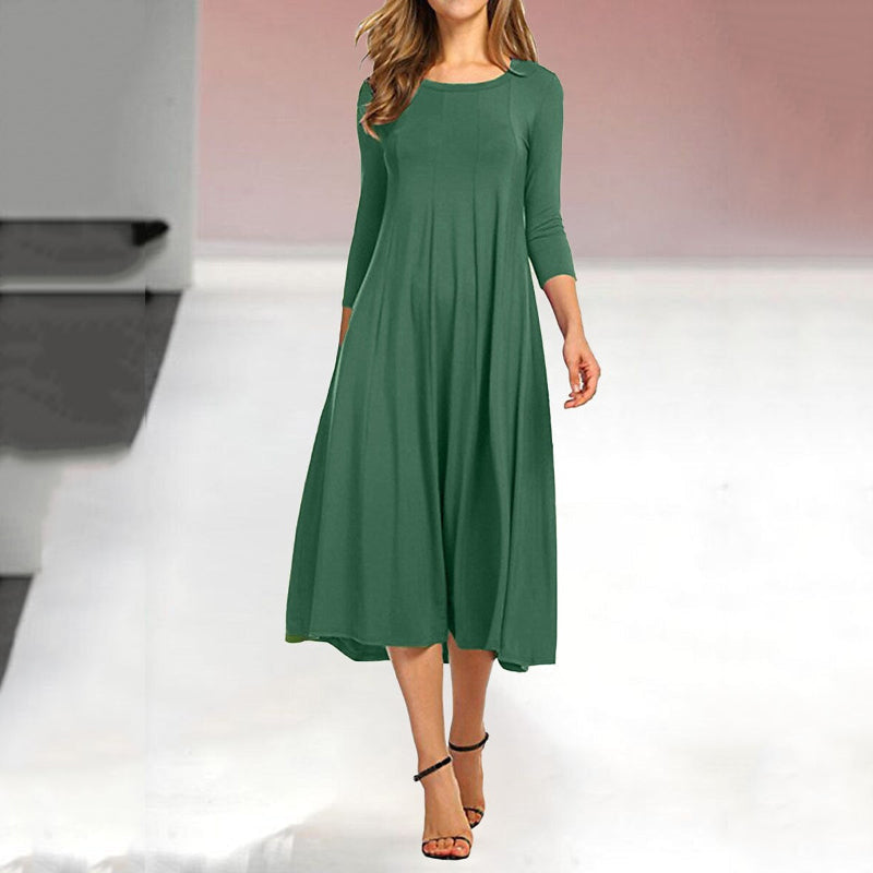 Vestido casual acampanado monocolor con manga tres cuartos para mujer