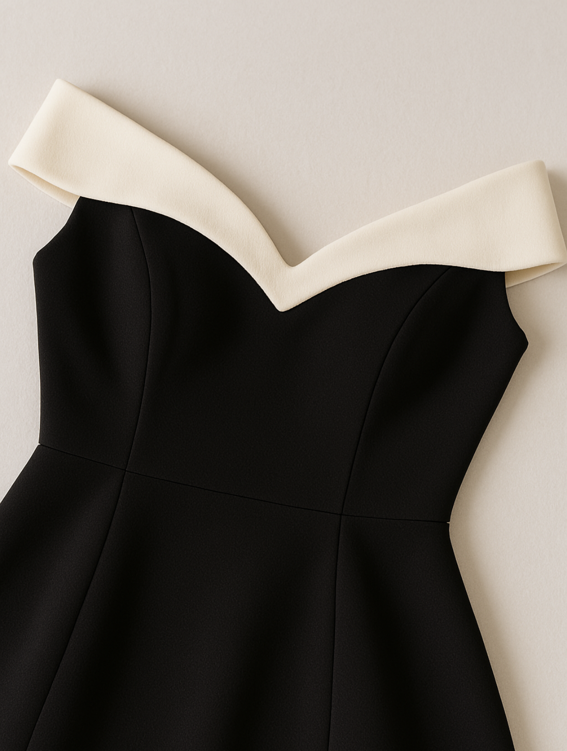 Vestido corto atemporal con hombros descubiertos y detalles a contraste