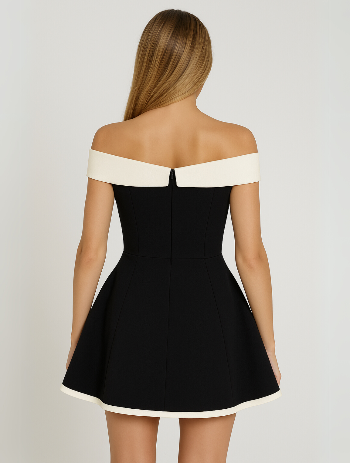 Vestido corto atemporal con hombros descubiertos y detalles a contraste