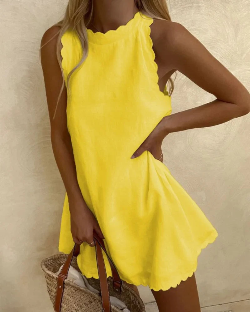 Vestido corto casual sin mangas para mujer con dobladillo festoneado
