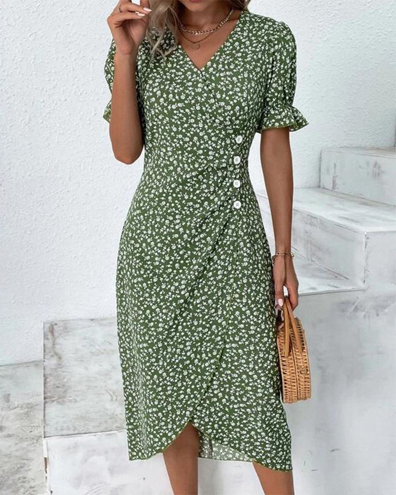 Vestido cruzado con cuello en V y estampado floral