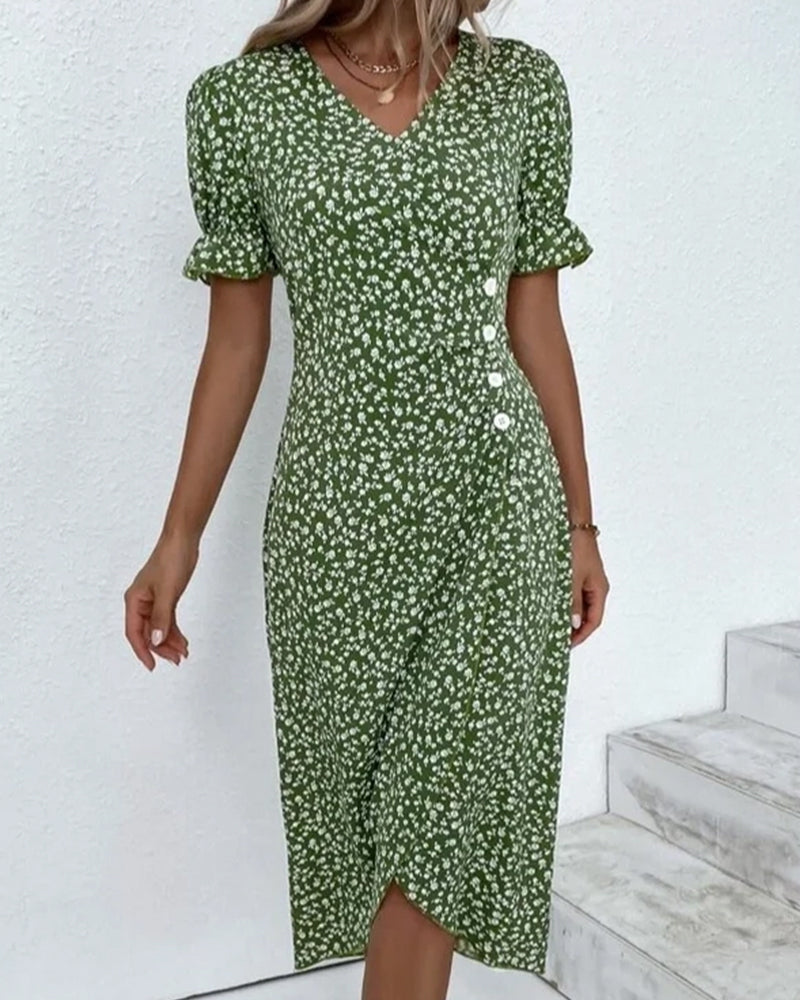 Vestido cruzado con cuello en V y estampado floral