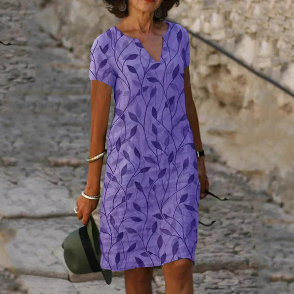 Vestido de corte A hasta la rodilla con cuello en V y estampado de hojas para mujer