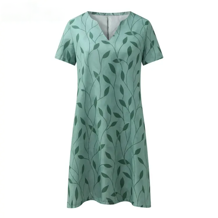 Vestido de corte A hasta la rodilla con cuello en V y estampado de hojas para mujer