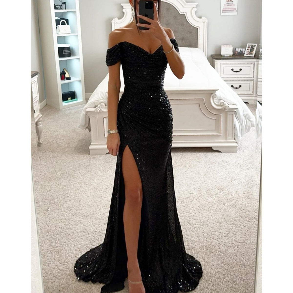 Vestido de noche largo con lentejuelas, hombros descubiertos y abertura lateral para bodas y fiestas