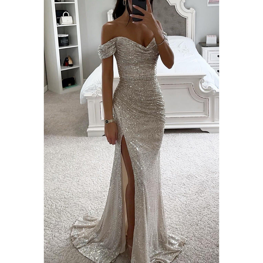 Vestido de noche largo con lentejuelas, hombros descubiertos y abertura lateral para bodas y fiestas