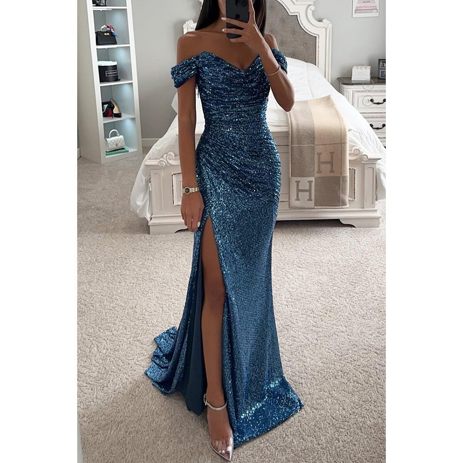 Vestido de noche largo con lentejuelas, hombros descubiertos y abertura lateral para bodas y fiestas