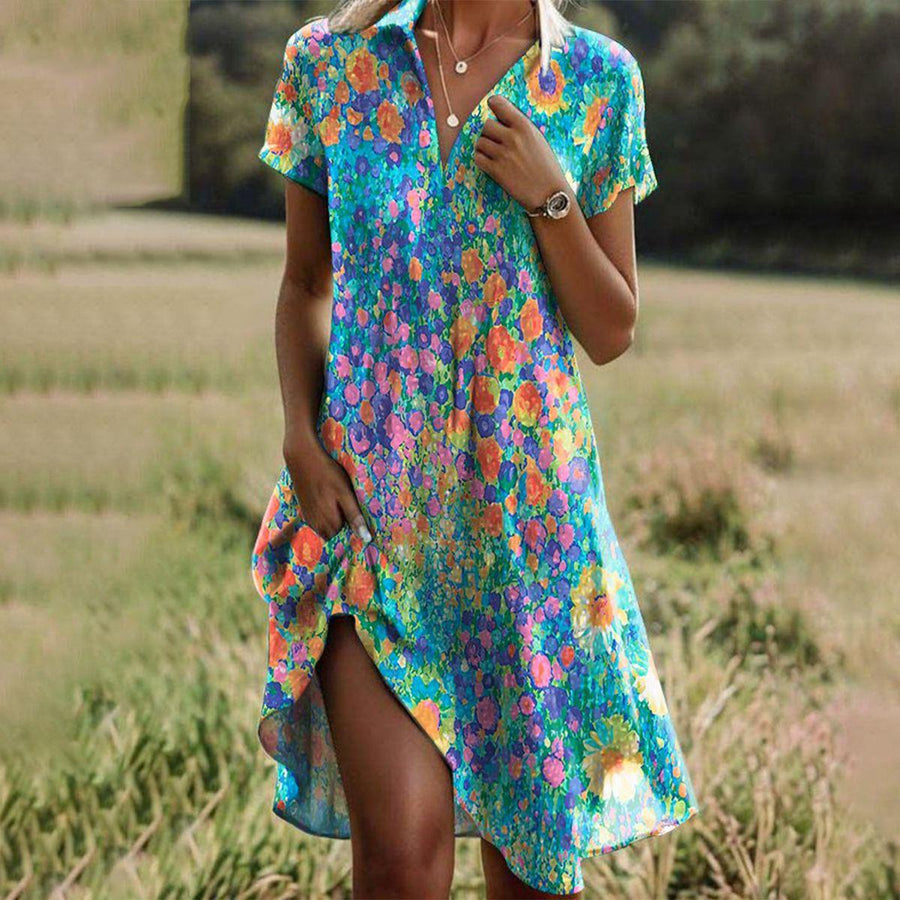 Vestido de verano para mujer con estampado floral colorido y manga corta