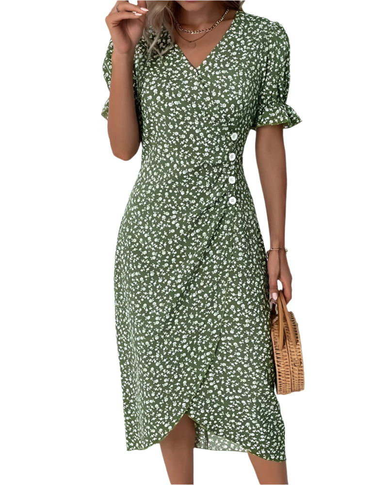 Vestido de verano para mujer de algodón con cuello en V y estampado floral