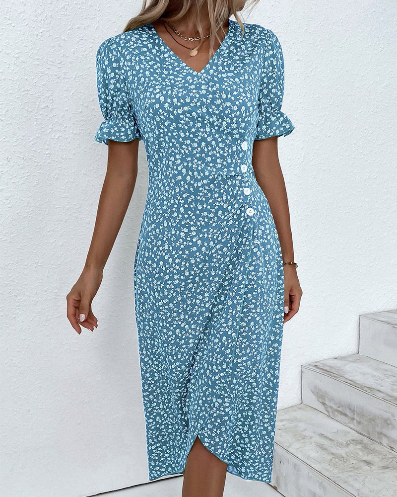 Vestido de verano para mujer de algodón con cuello en V y estampado floral