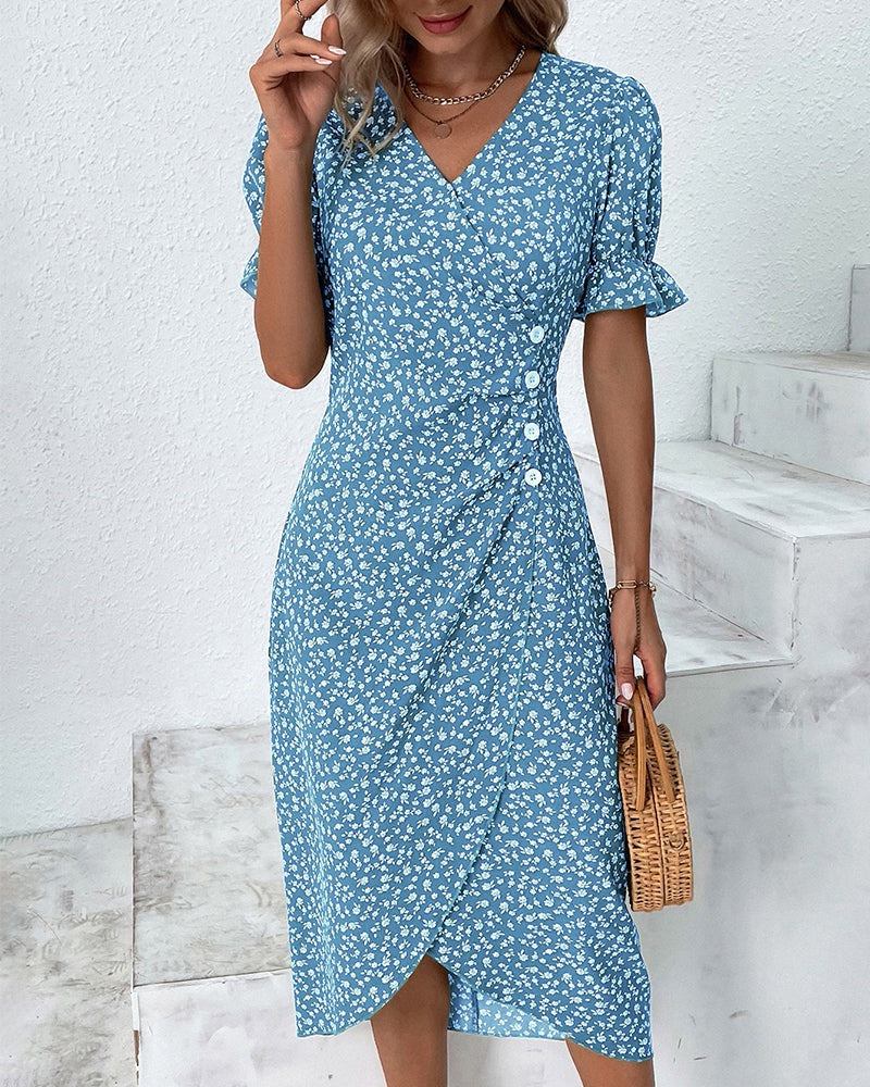 Vestido de verano para mujer de algodón con cuello en V y estampado floral