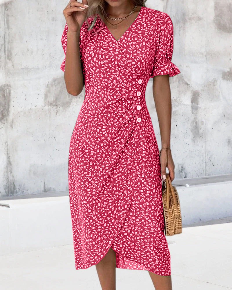 Vestido de verano para mujer de algodón con cuello en V y estampado floral