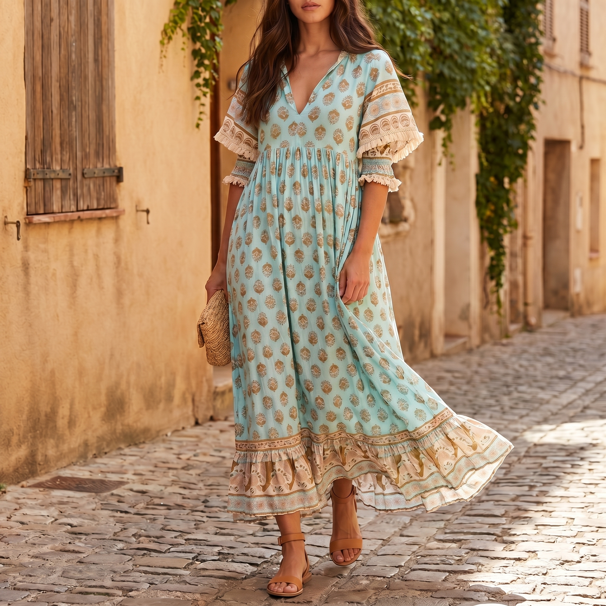 Vestido Floral de Mujer con Cuello en V | Vestido de Cóctel Vaporoso de Verano