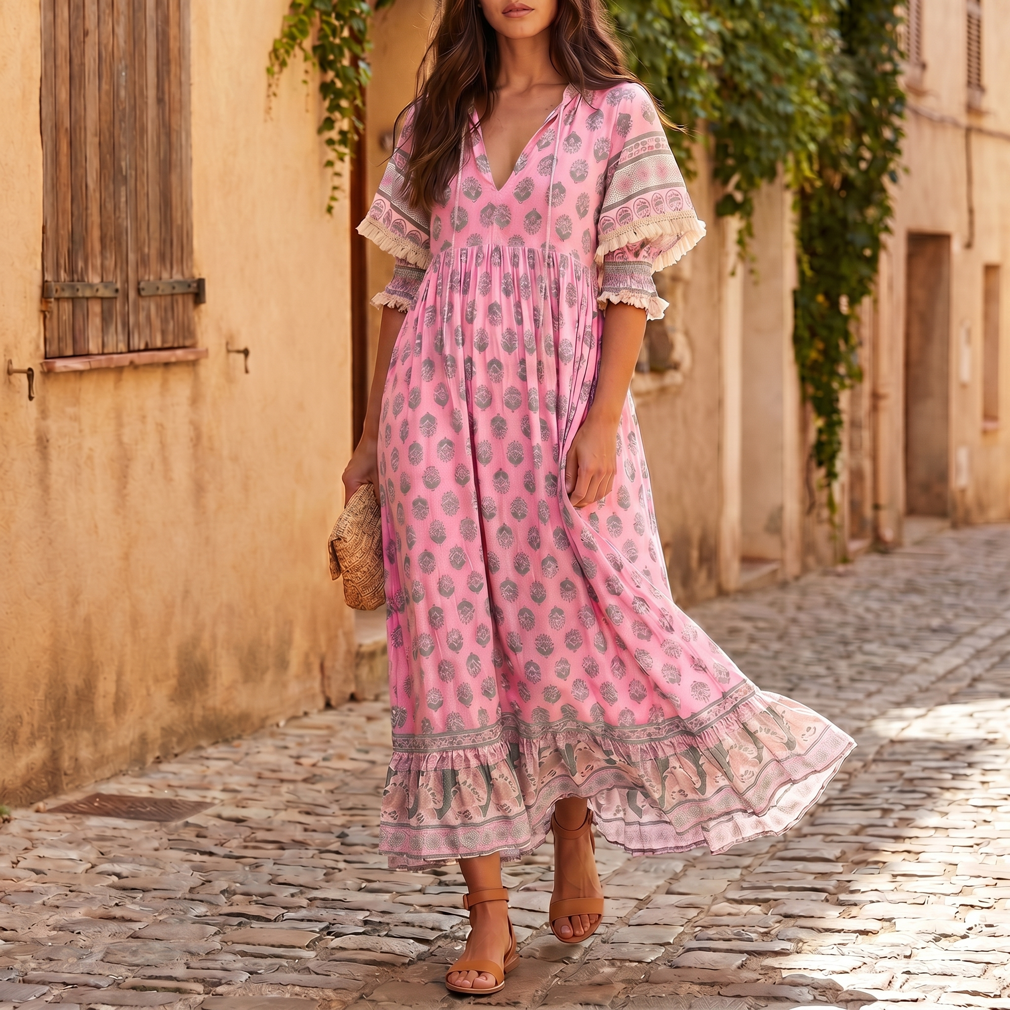 Vestido Floral de Mujer con Cuello en V | Vestido de Cóctel Vaporoso de Verano