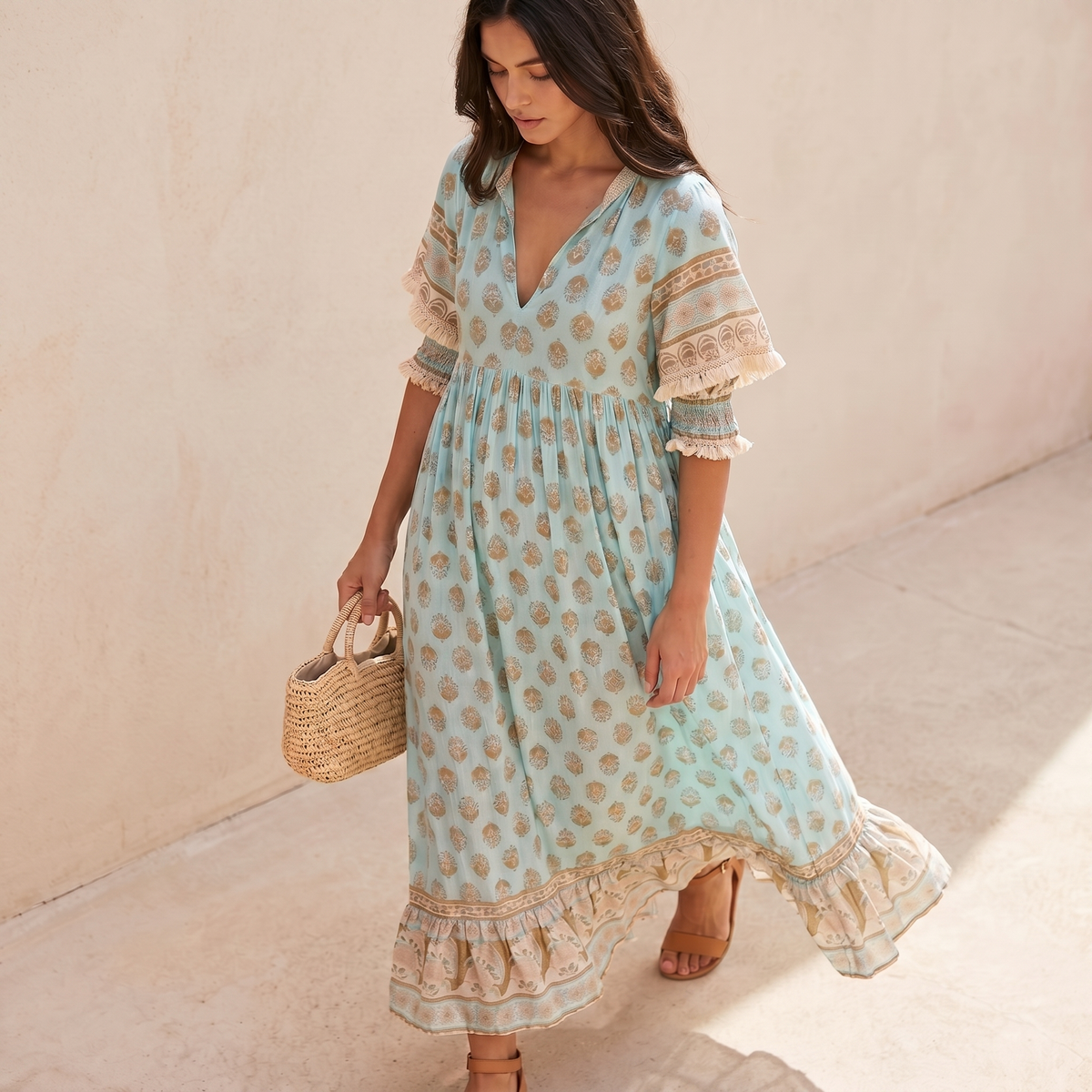 Vestido Floral de Mujer con Cuello en V | Vestido de Cóctel Vaporoso de Verano