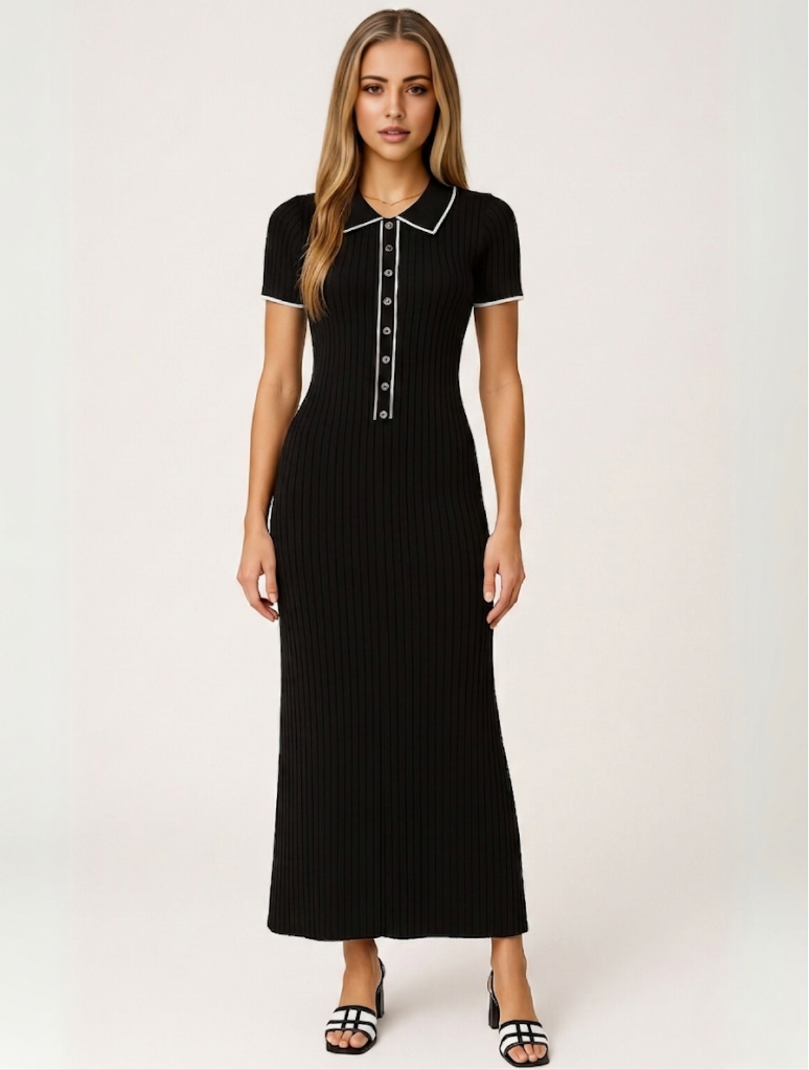 Vestido largo acanalado para mujer con botones