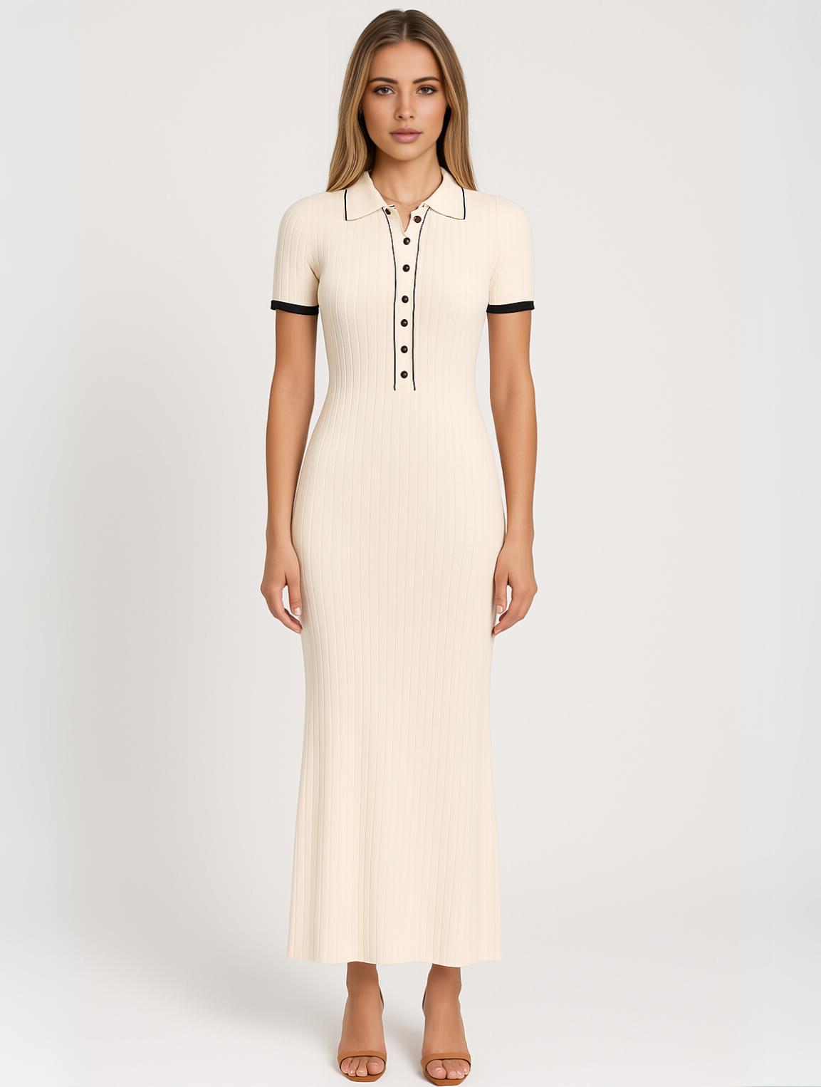 Vestido largo acanalado para mujer con botones