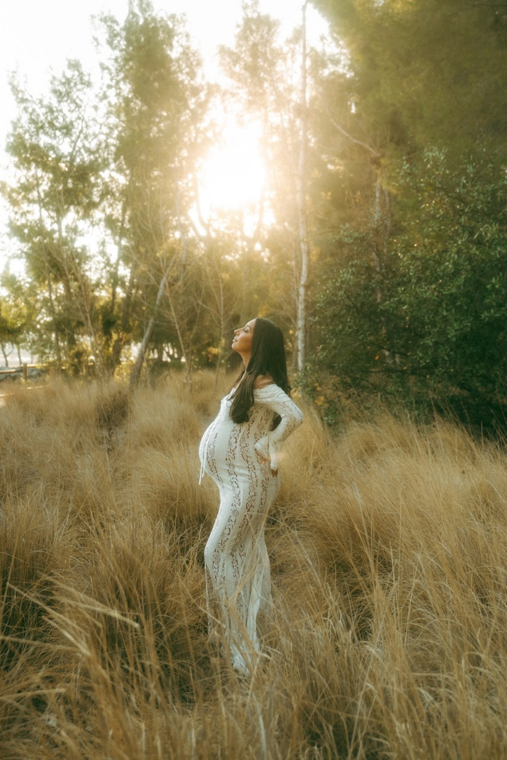 Vestido largo de encaje georgette color marfil para ocasiones especiales
