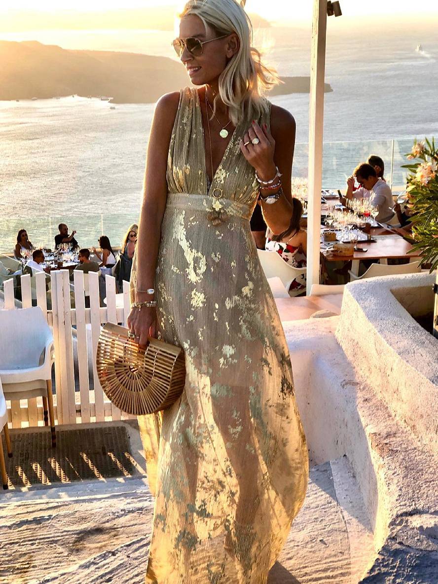Vestido largo de noche elegante para playa sin mangas con escote en V y lentejuelas brillantes en color bronce