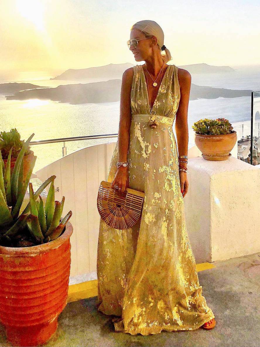 Vestido largo de noche elegante para playa sin mangas con escote en V y lentejuelas brillantes en color bronce