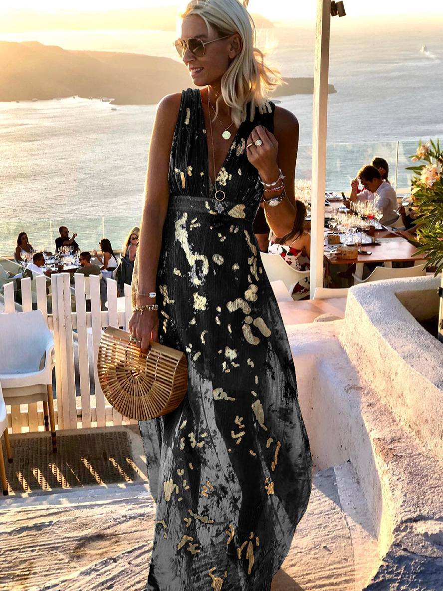Vestido largo de noche elegante para playa sin mangas con escote en V y lentejuelas brillantes en color bronce