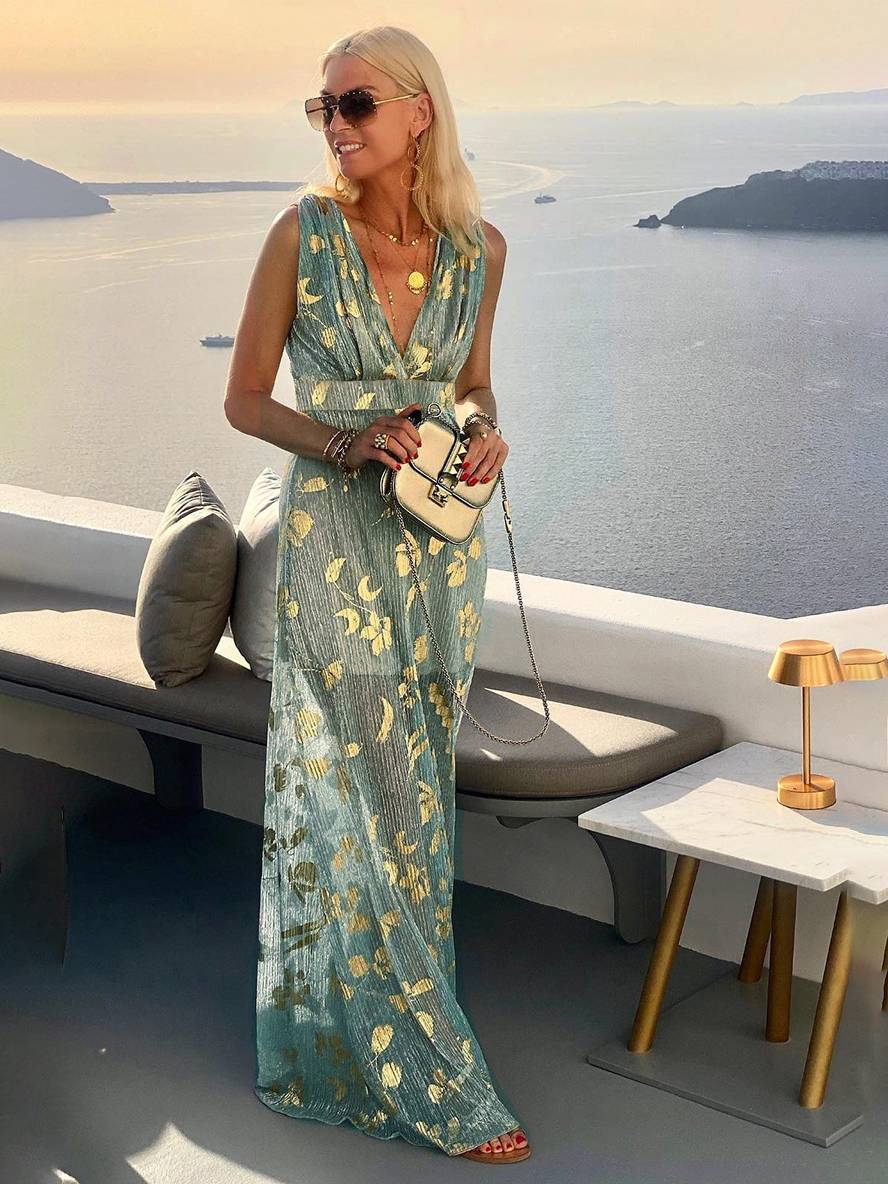 Vestido largo de noche elegante para playa sin mangas con escote en V y lentejuelas brillantes en color bronce