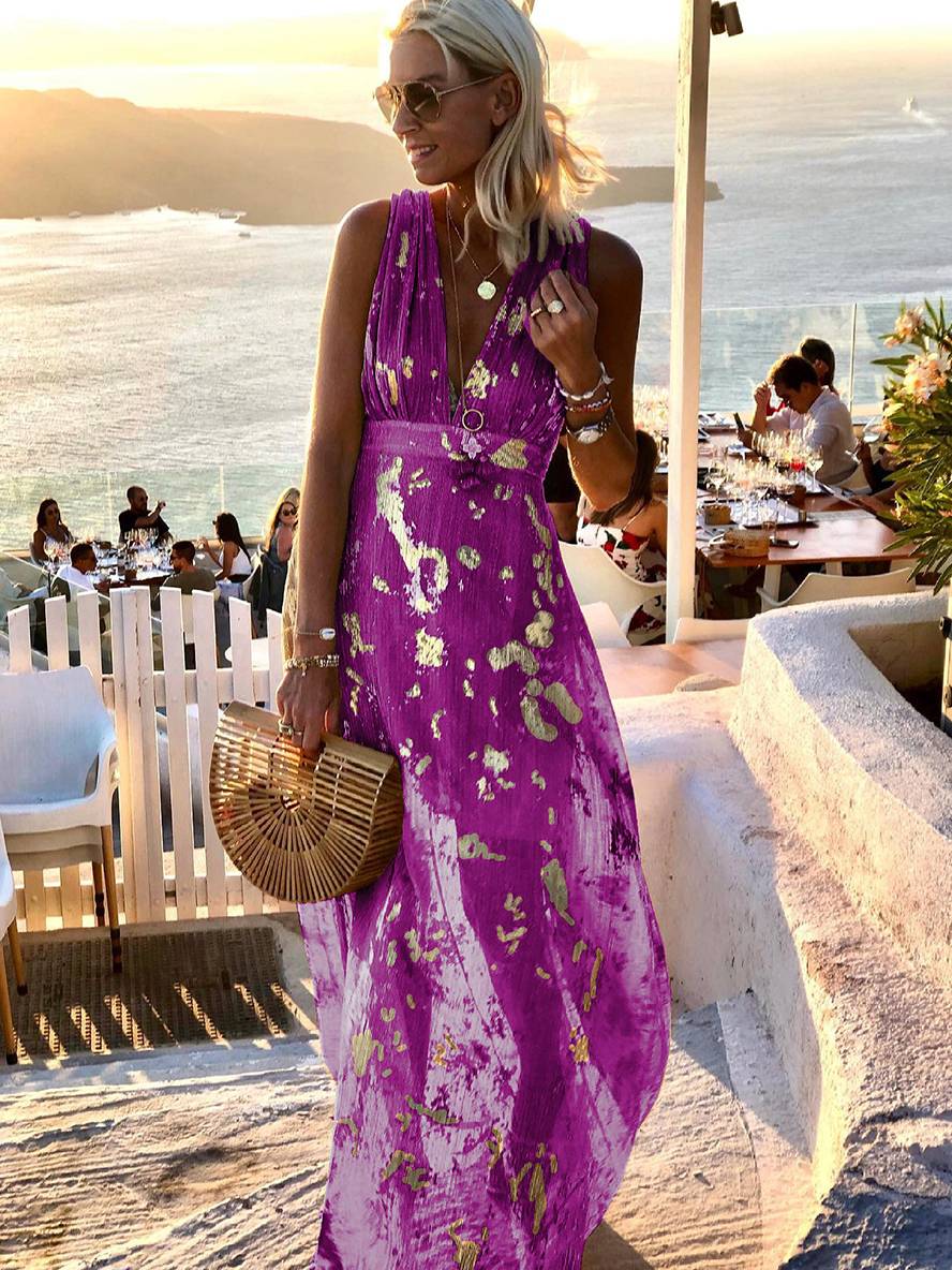 Vestido largo de noche elegante para playa sin mangas con escote en V y lentejuelas brillantes en color bronce