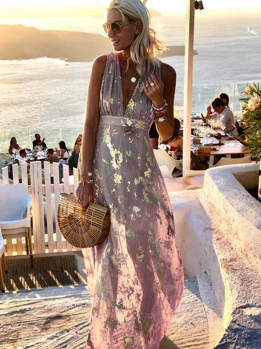 Vestido largo de noche elegante para playa sin mangas con escote en V y lentejuelas brillantes en color bronce
