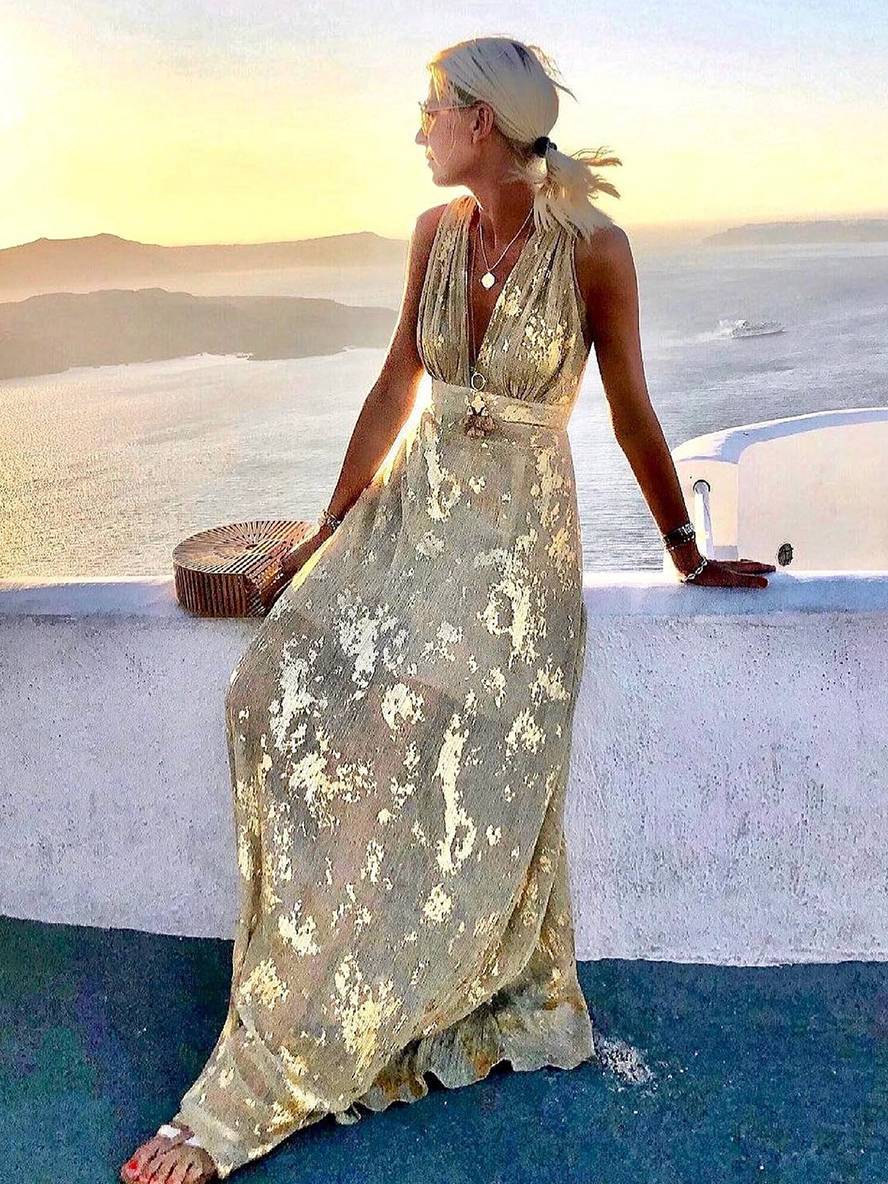 Vestido largo de noche elegante para playa sin mangas con escote en V y lentejuelas brillantes en color bronce