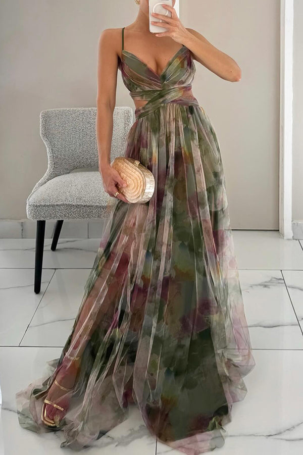 Vestido Largo Escote en Pico Tirantes Finos Corte Evasé