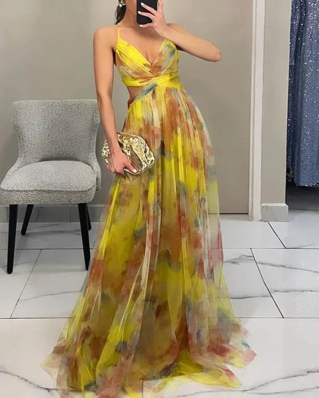 Vestido Largo Escote en Pico Tirantes Finos Corte Evasé