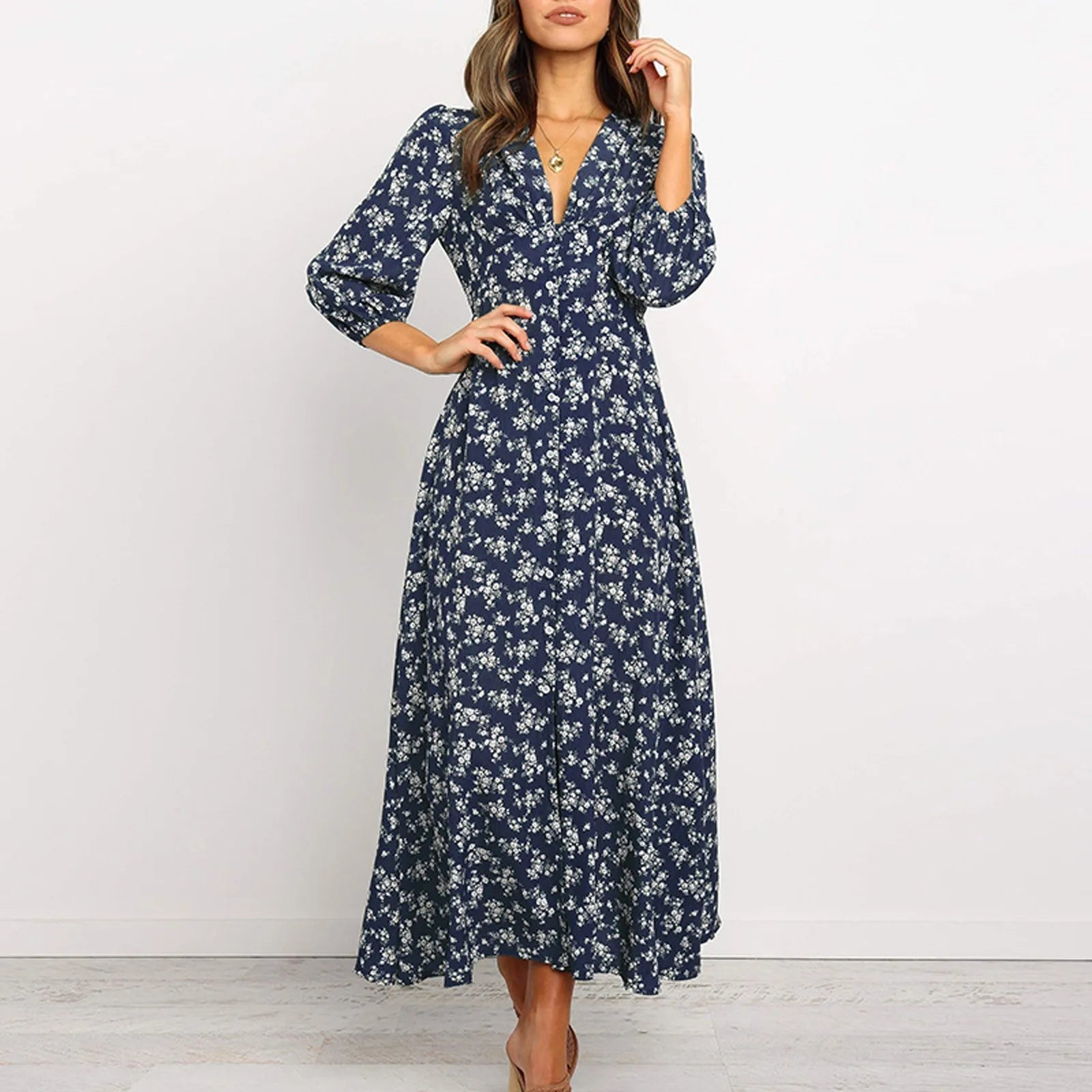 Vestido largo maxi con estampado floral y manga larga