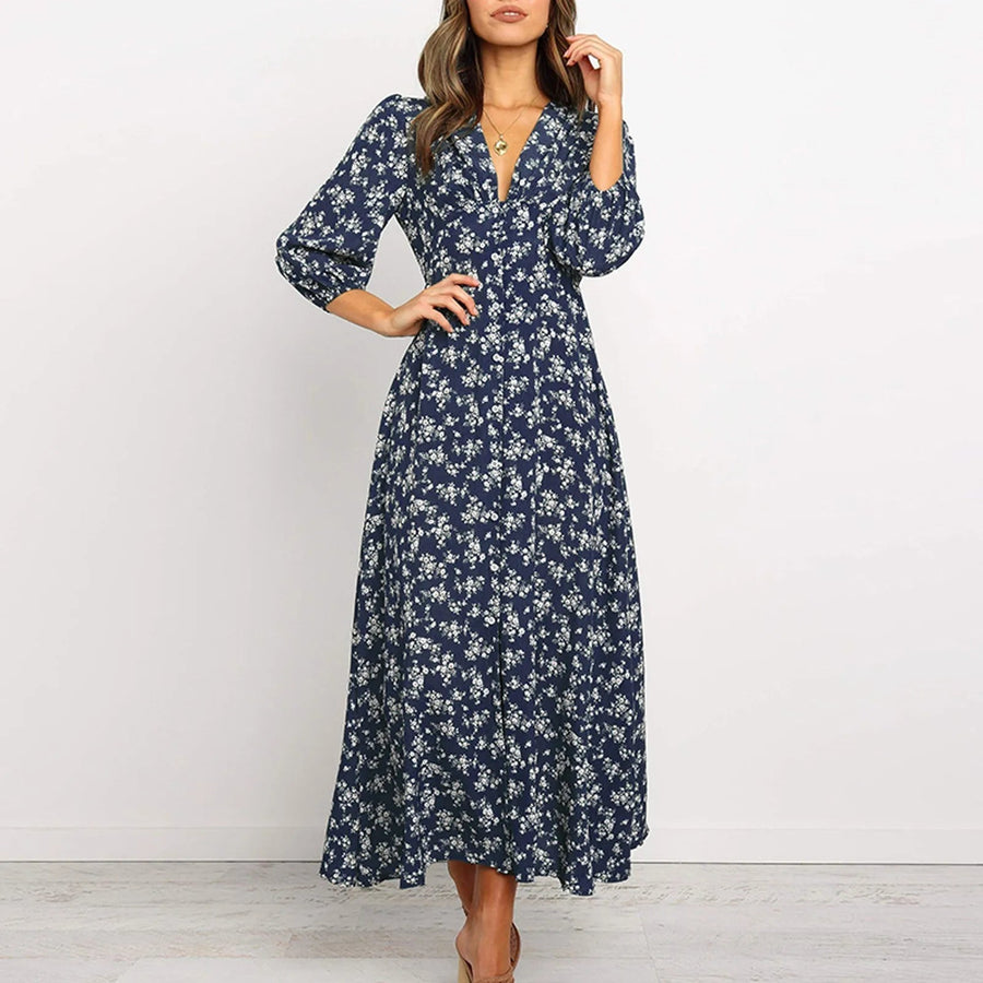 Vestido largo maxi con estampado floral y manga larga
