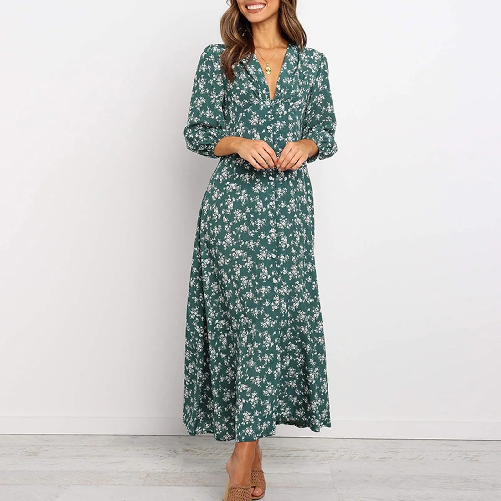 Vestido largo maxi con estampado floral y manga larga
