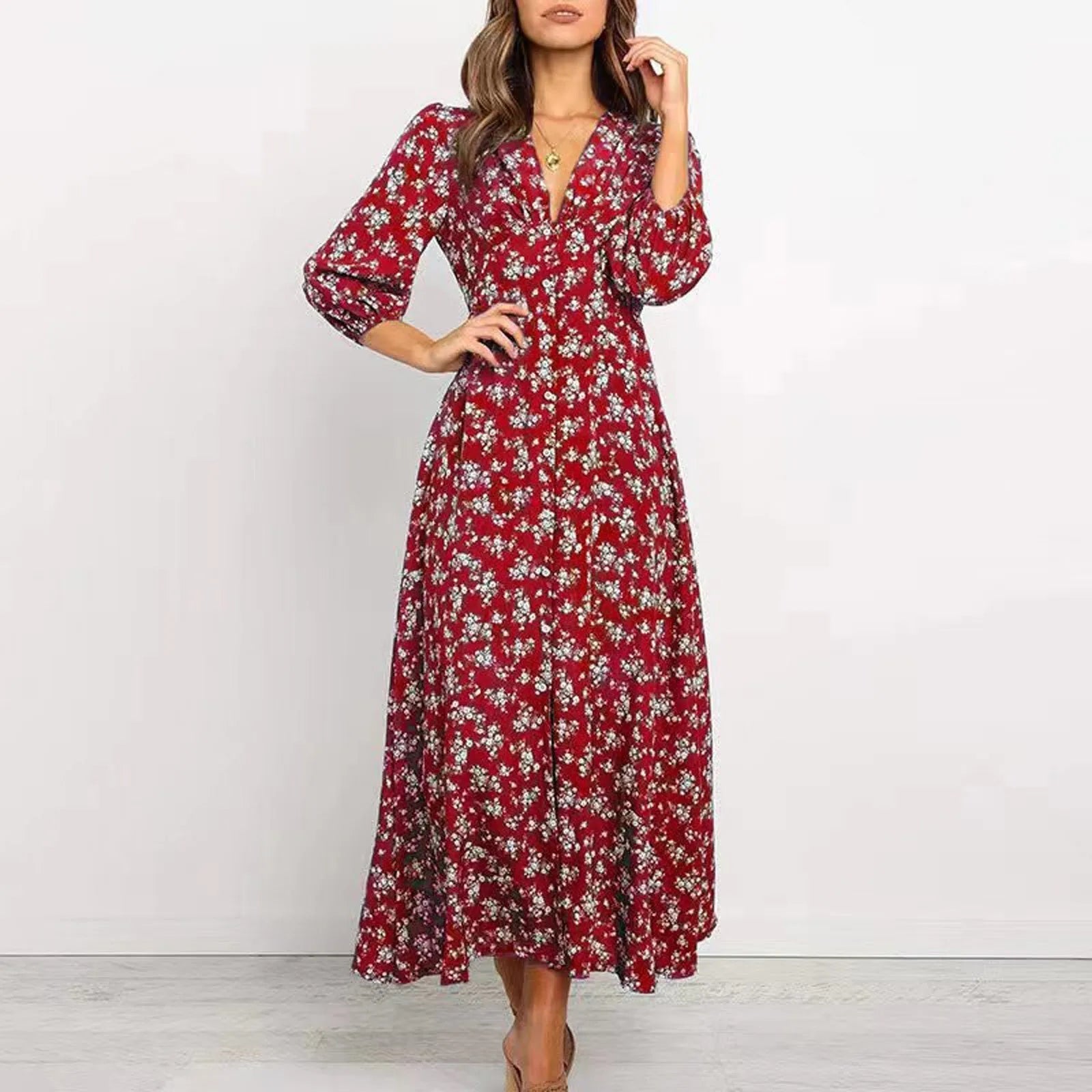 Vestido largo maxi con estampado floral y manga larga