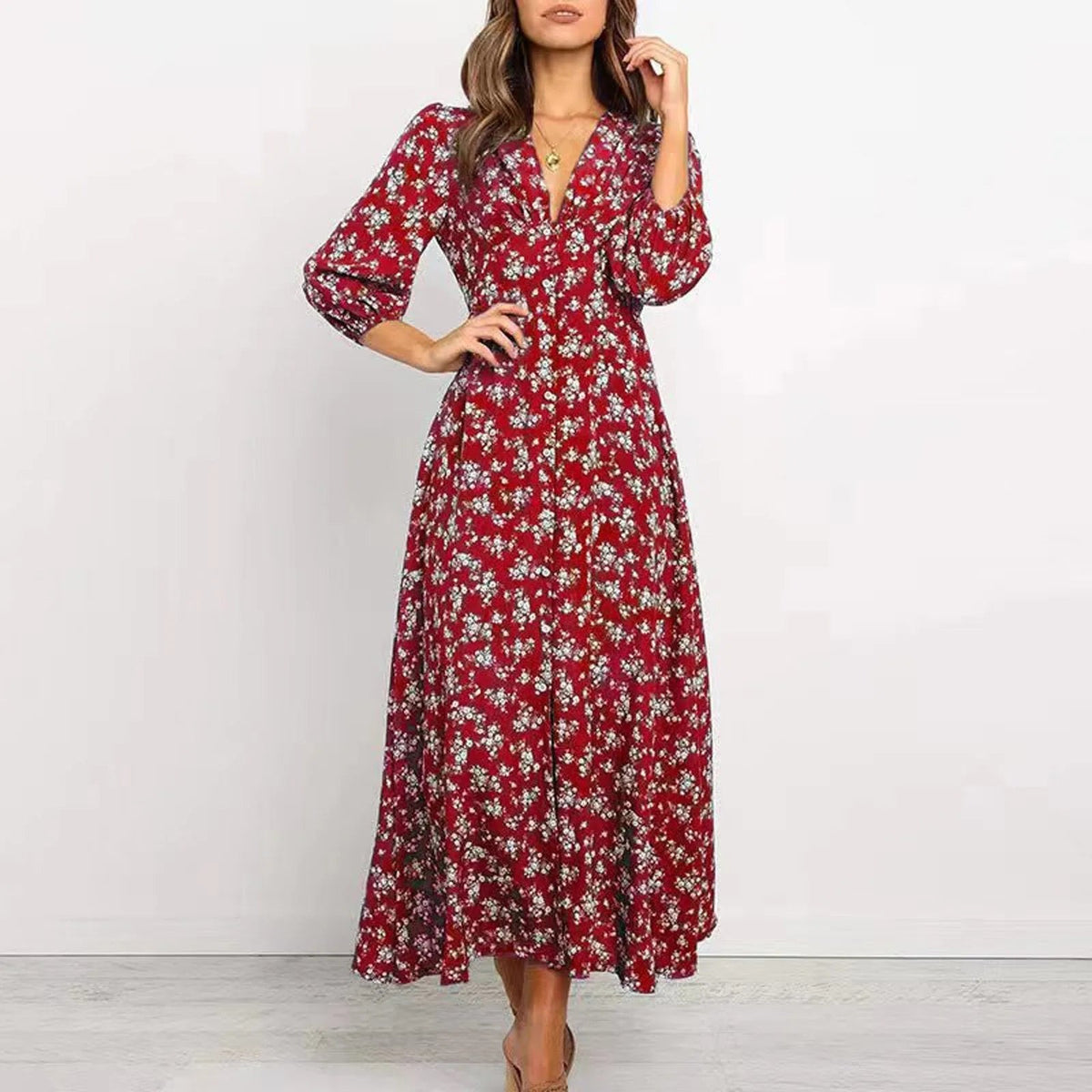 Vestido largo maxi con estampado floral y manga larga