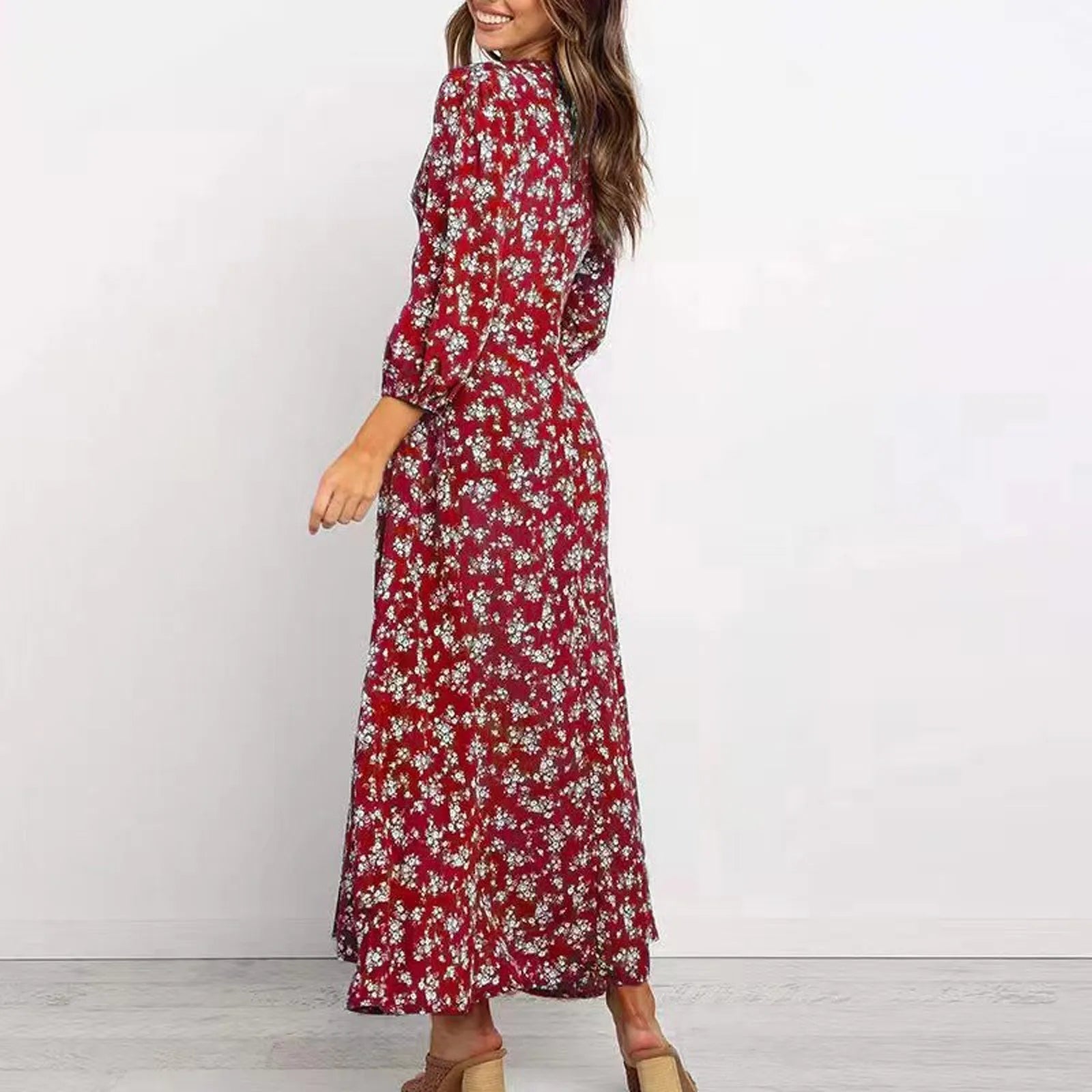 Vestido largo maxi con estampado floral y manga larga
