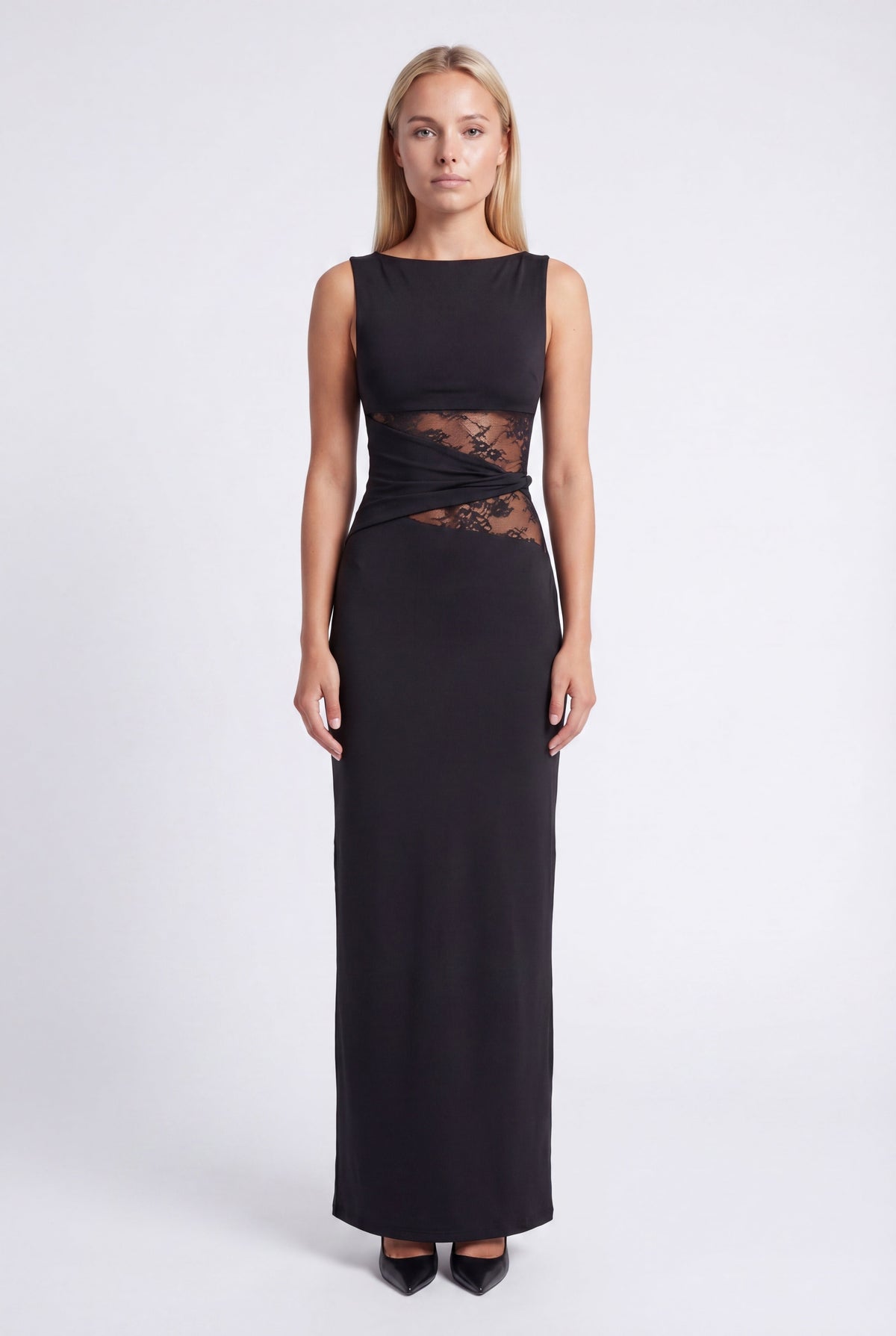 Vestido largo para mujer con cuello redondo y detalle de encaje en la cintura