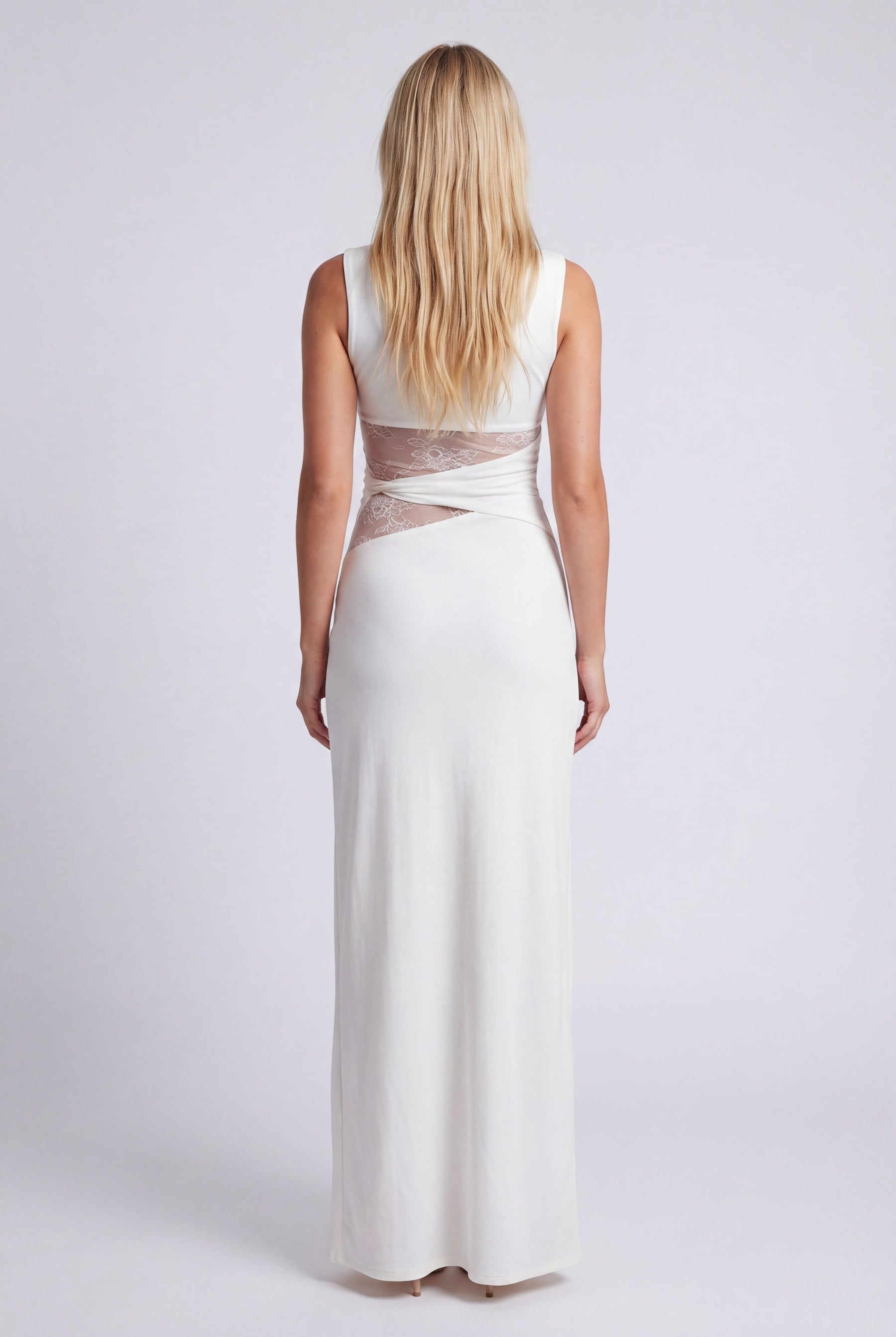 Vestido largo para mujer con cuello redondo y detalle de encaje en la cintura