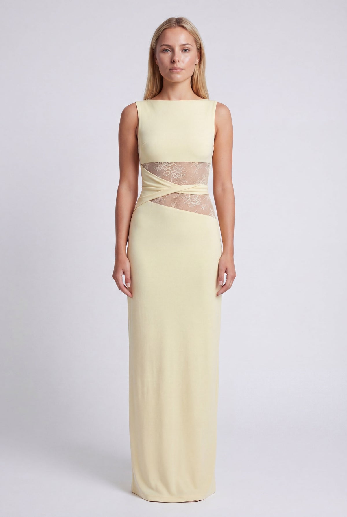 Vestido largo para mujer con cuello redondo y detalle de encaje en la cintura