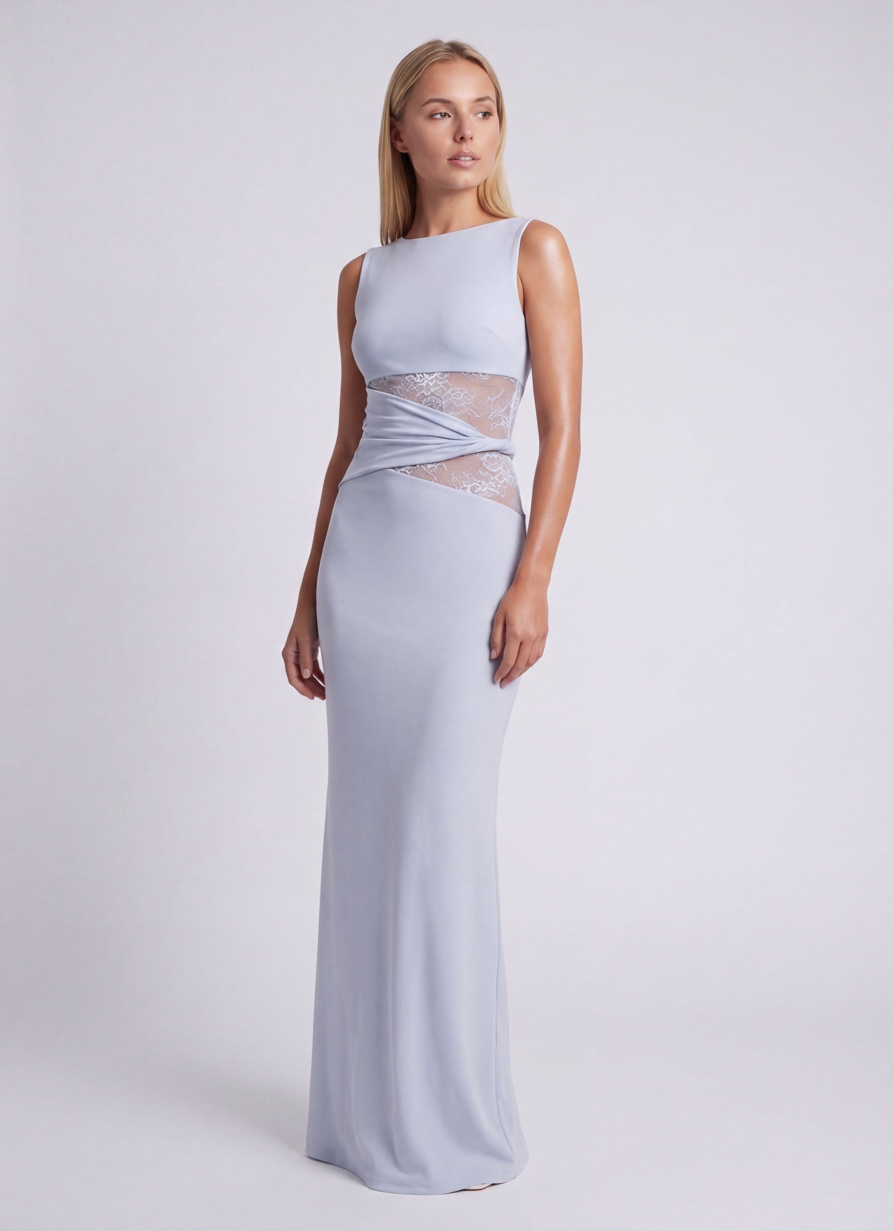 Vestido largo para mujer con cuello redondo y detalle de encaje en la cintura