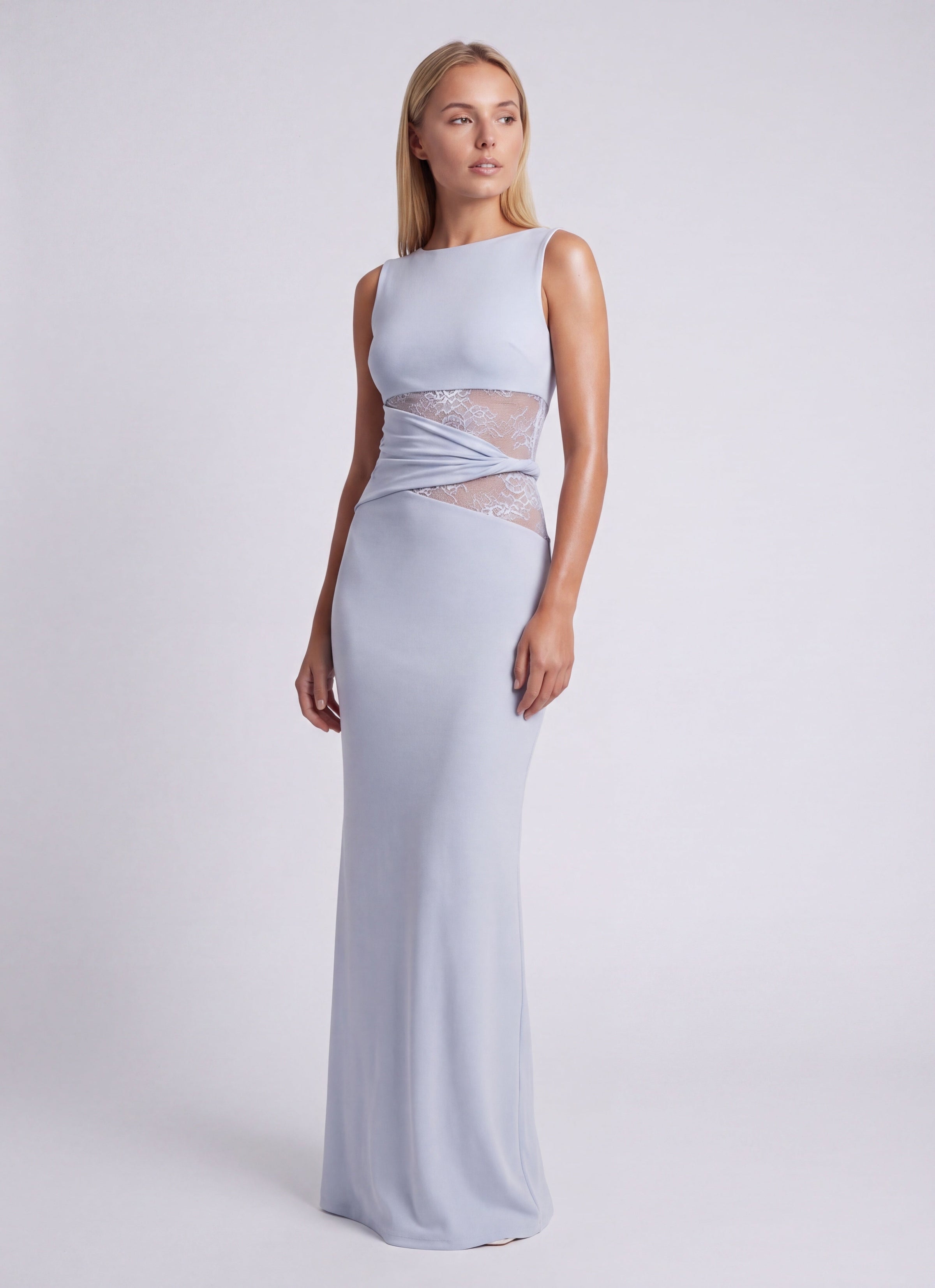 Vestido largo para mujer con cuello redondo y detalle de encaje en la cintura