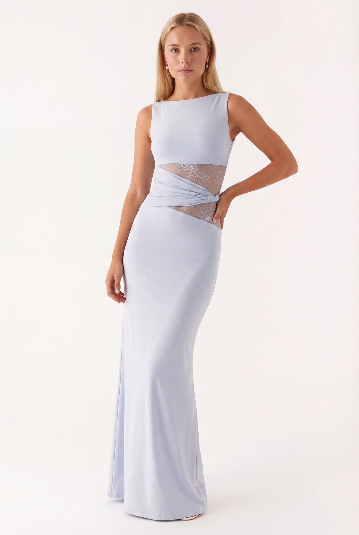 Vestido largo para mujer con cuello redondo y detalle de encaje en la cintura