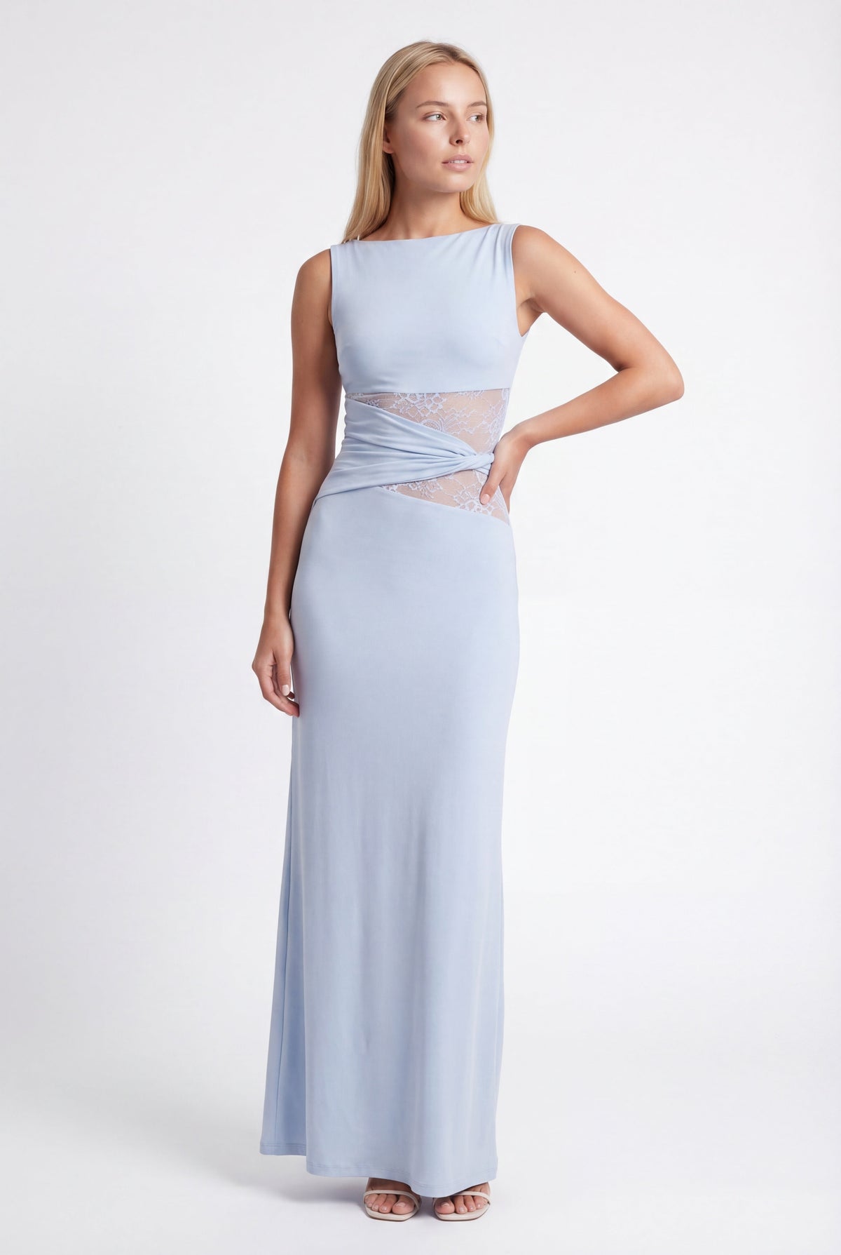 Vestido largo para mujer con cuello redondo y detalle de encaje en la cintura