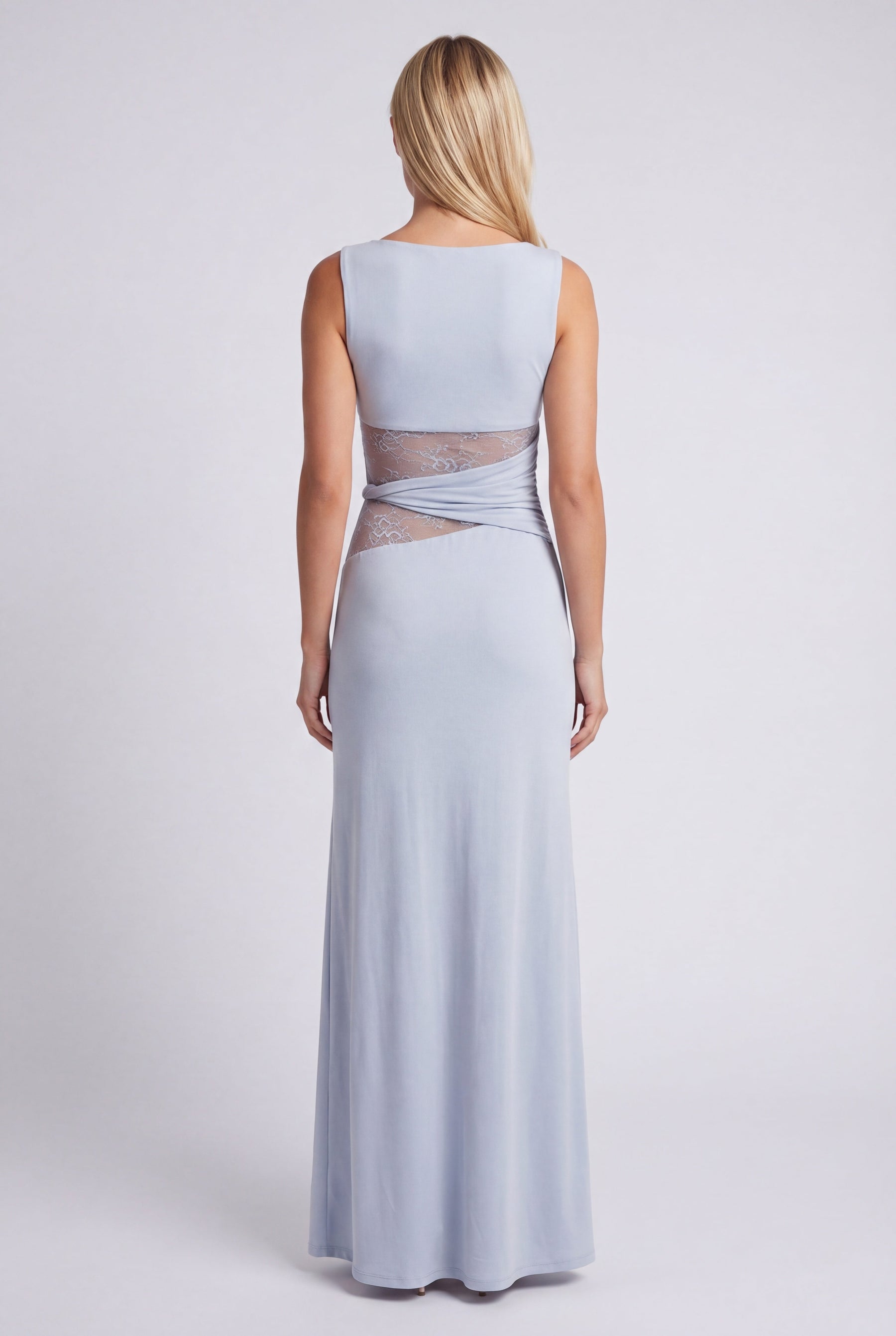 Vestido largo para mujer con cuello redondo y detalle de encaje en la cintura
